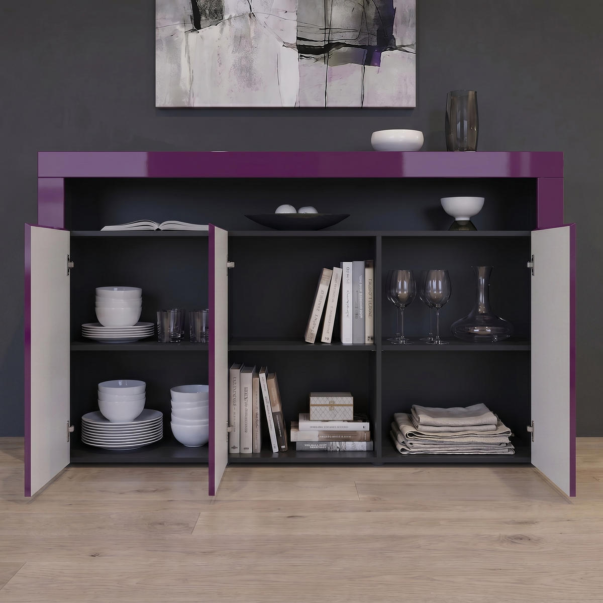 SIDEBOARD Valencia Brombeer Hochglanz / Brombeer Hochglanz - Brombeere, Holzwerkstoff (155/92/40cm) - Vladon