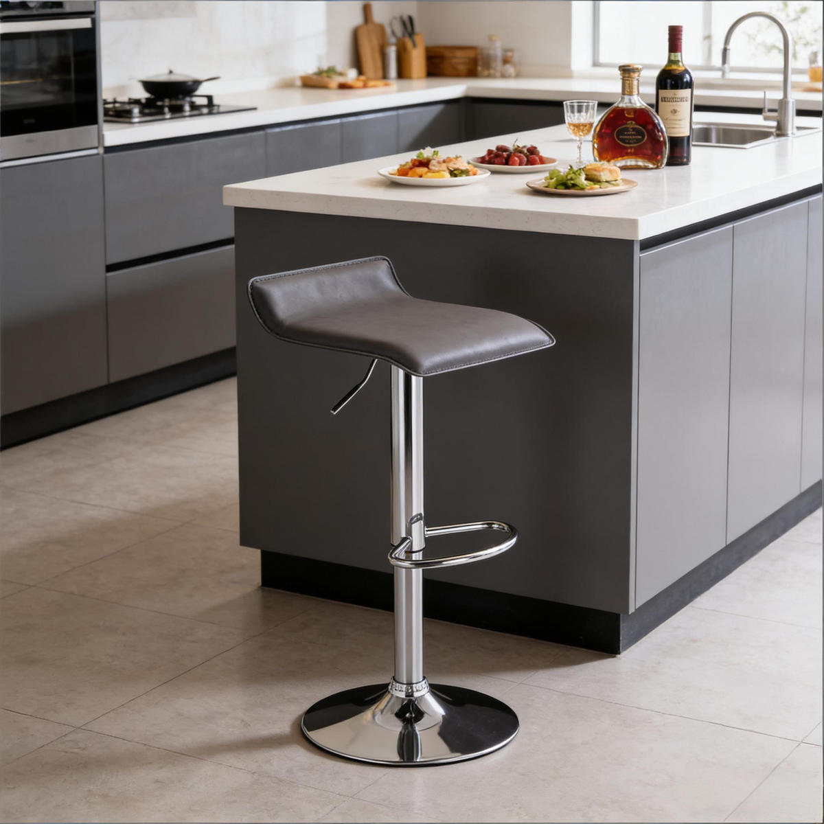 BARHOCKER 1er-Set Grau höhenverstellbar & drehbar aus Kunstleder - Grau, Metall (38.5/84/39cm) - PANGIVO