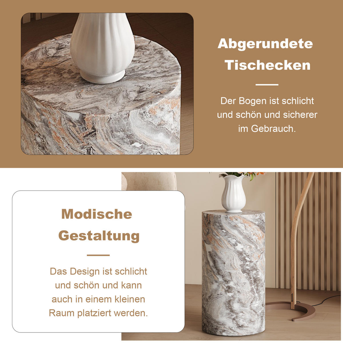 BEISTELLTISCH 30/30/55 cm aus MDF mit runder Tischplatte in Marmoroptik und wasserabweisender Oberfläche, Grau - Grau, Holzwerkstoff (30/30/55cm) - Redom