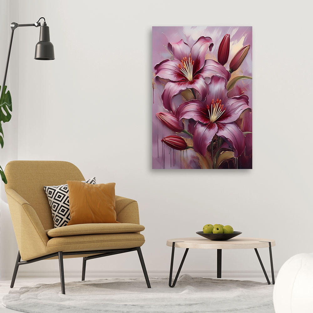 WANDBILD blühende bemalte lilienblumen - Pink, Textil (40/60cm) - Feeby