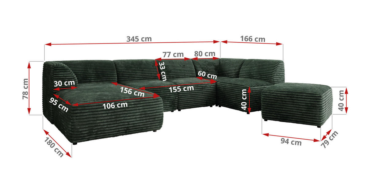 WOHNLANDSCHAFT MODARO U 6M - Grün Cord - Links - Dunkelgrün/Schwarz, Textil (180/78/345cm) - MKS