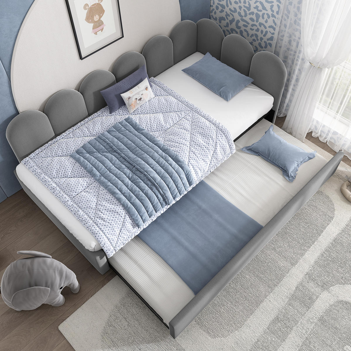 POLSTERBETT aus Samt 90x200 cm in Grau mit Ausziehbett - Grau, Textil (90/200cm) - Modfu