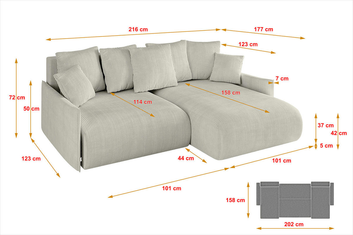 ECKSOFA Ottomane rechts ONESK-L -v1 216x177x72 Hellgrau Cord - Ecru, Holzwerkstoff/Kunststoff (177/216cm) - ALTDECOR