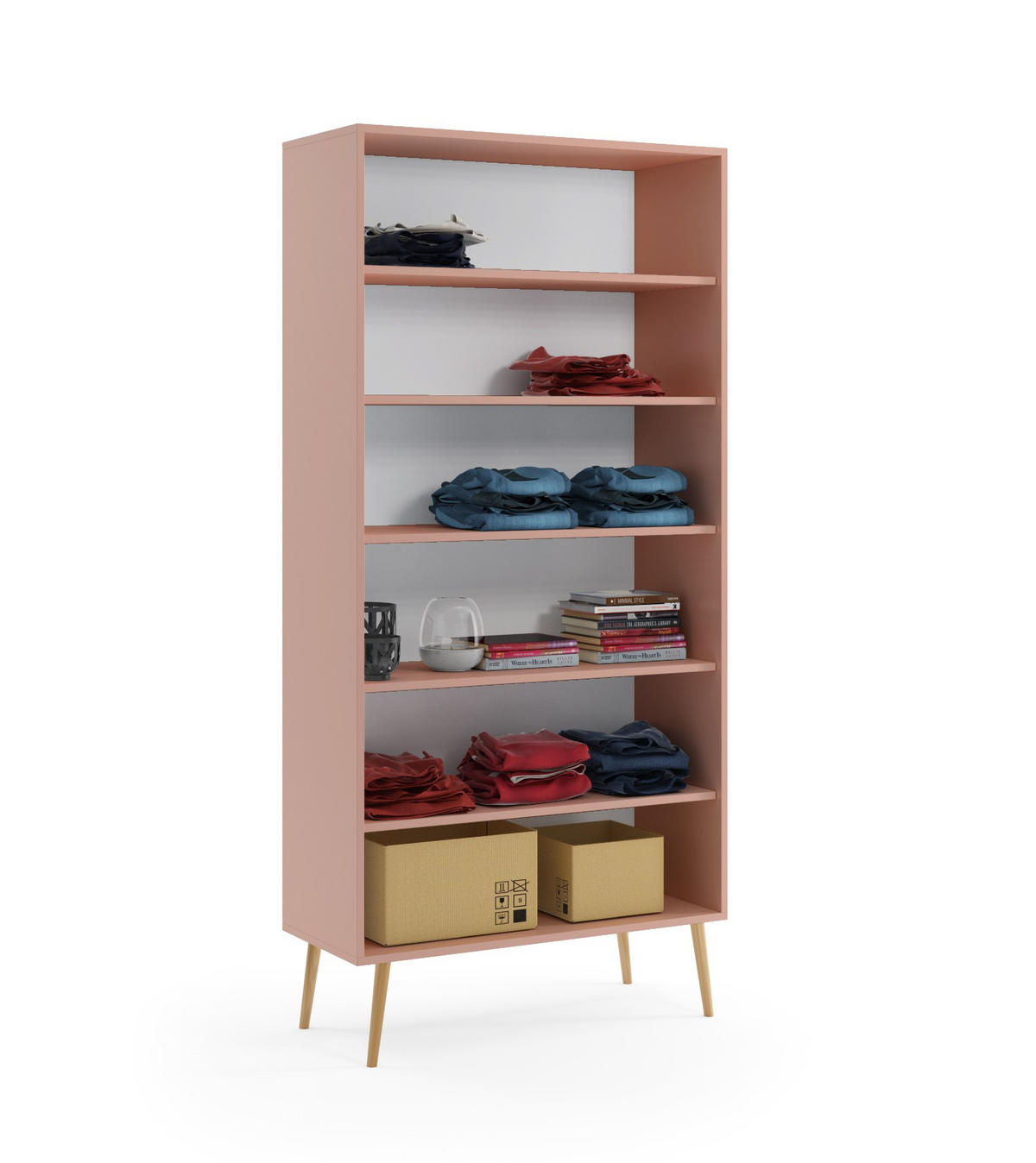 SCHRANK Rosa Boho Tiefe Holzbeine 5 Regale - Rosa, Holzwerkstoff (87/212/41cm) - Sepro Meble