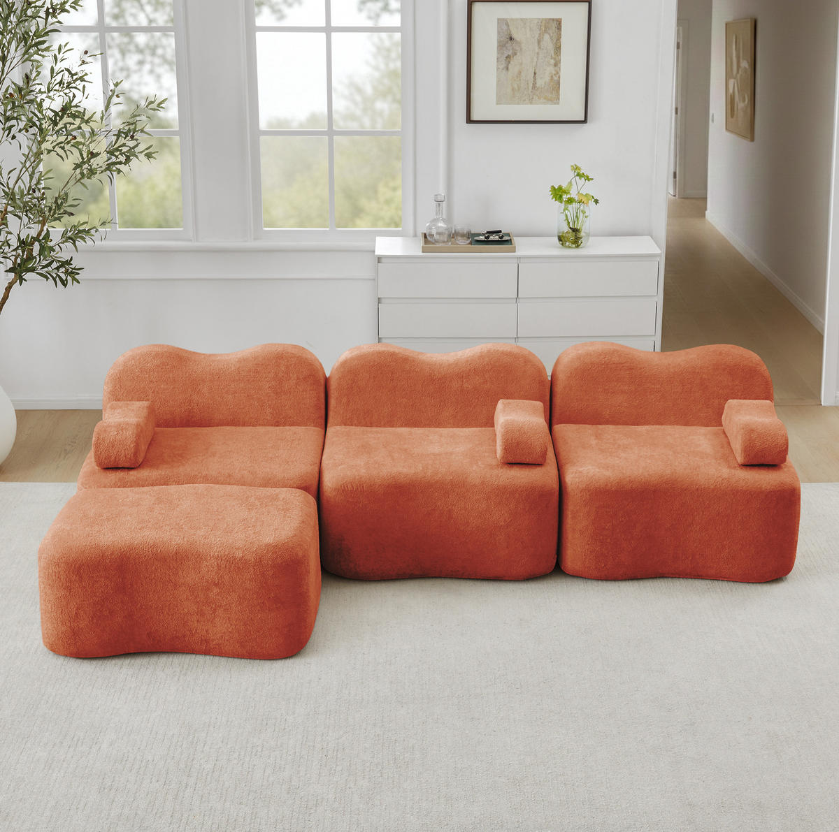SOFA 288/167/70 cm in Orange aus Samt mit tiefem Sitzkomfort - Orange, Textil (167/70/288cm) - Flora Grace