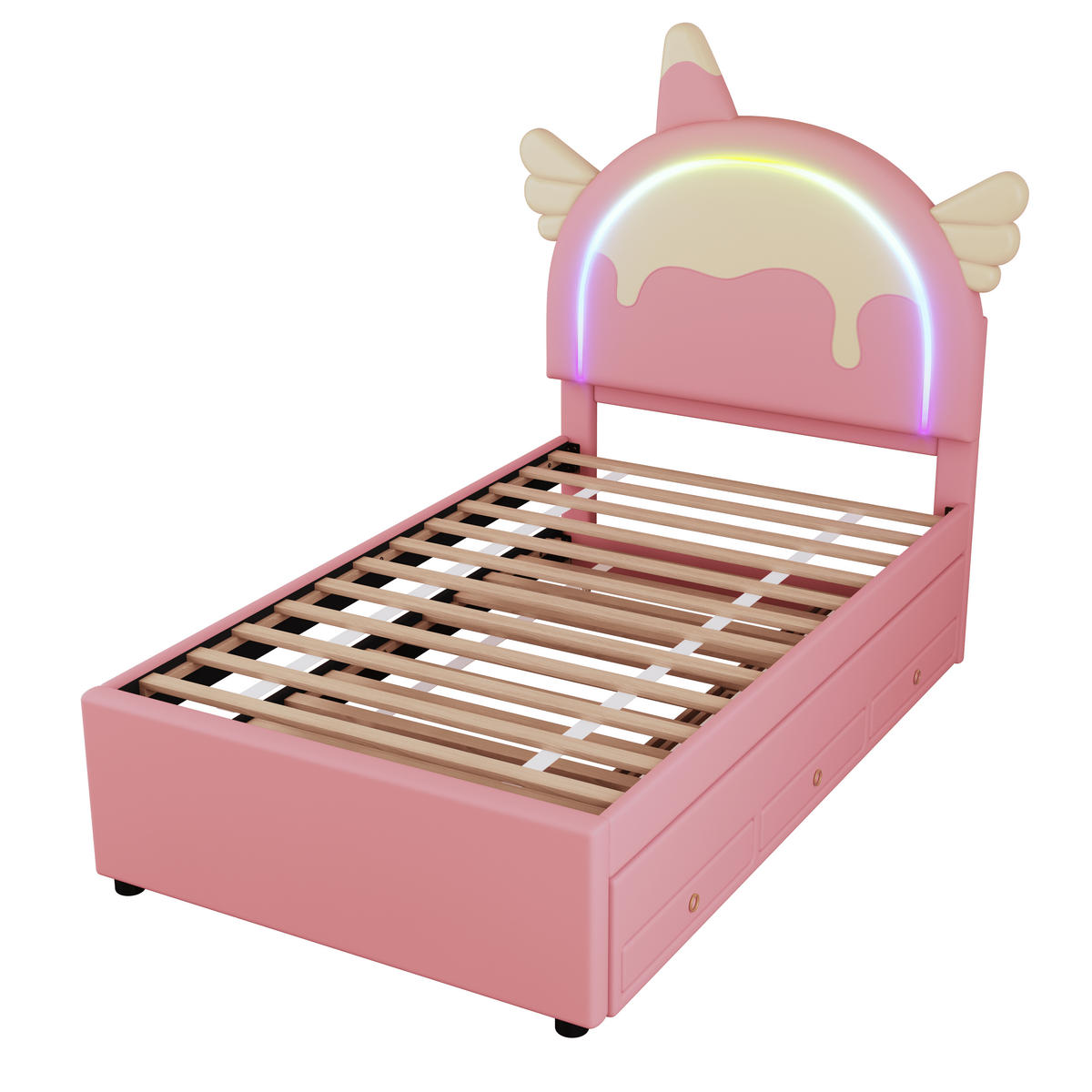 KINDERBETT 90/200 cm Rosa, mit Einhorn-Design, Ausziehbett und PU-Material - Pink, Kunststoff