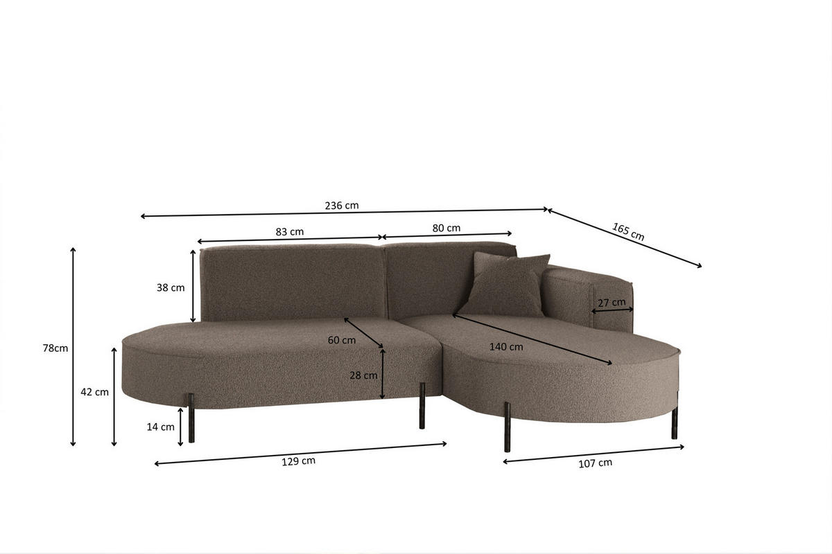 ECKSOFA L-Form Designer Modena Rein Stoff Quelle Braun Rechts - Braun, Holz/Textil (236/165cm) - Kaiser Möbel