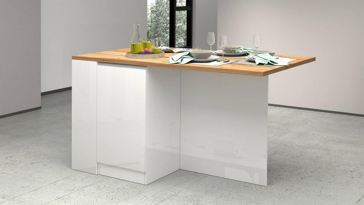 KÜCHENINSEL Glänzendes Weiß, Eiche 90/160/90 cm - Eichefarben/Weiß, Holzwerkstoff (160/90/90cm) - DMORA
