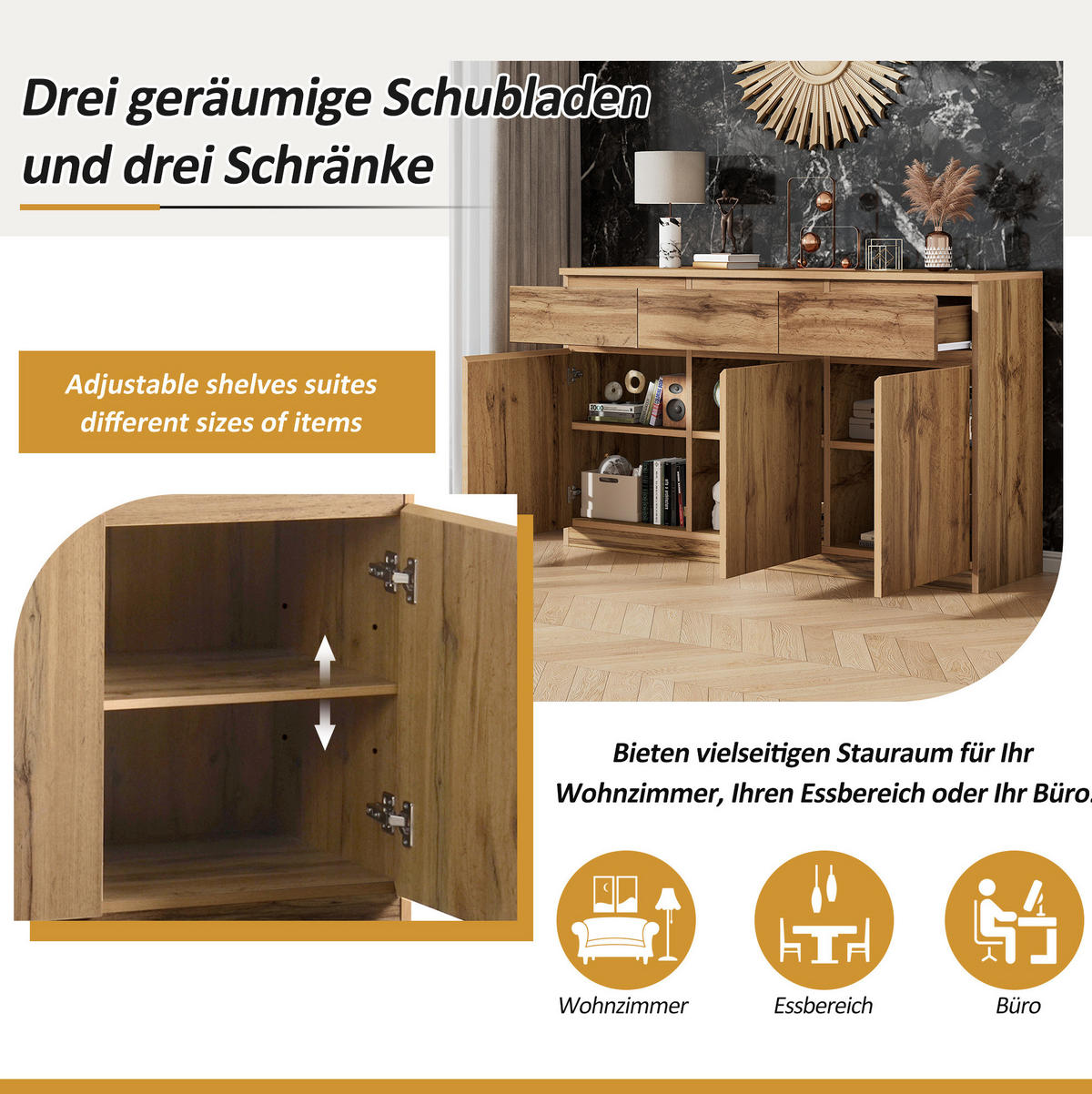 SIDEBOARD 135/40/81 cm aus Spanplatte mit 3 Türen und 3 Schubladen Holzfarben - Naturfarben, Holzwerkstoff (135/81/40cm) - Modenvie