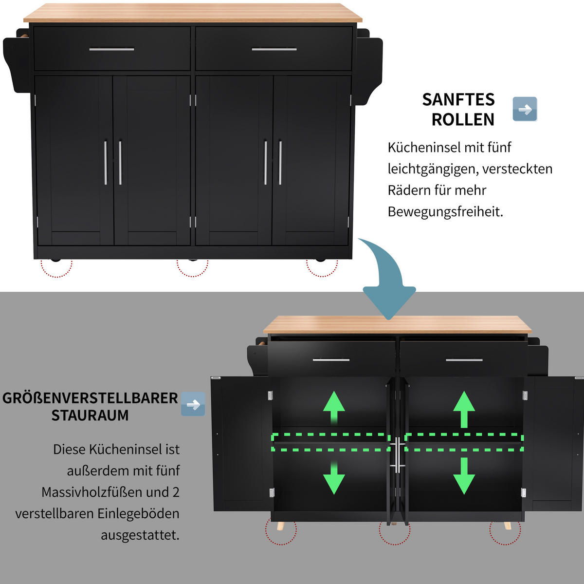 KÜCHENINSEL 120/91,5/46 cm Schwarz/Natur aus MDF mit klappbarer Tischplatte - Schwarz, Holzwerkstoff (71/91.5/120cm) - OKMYHOME