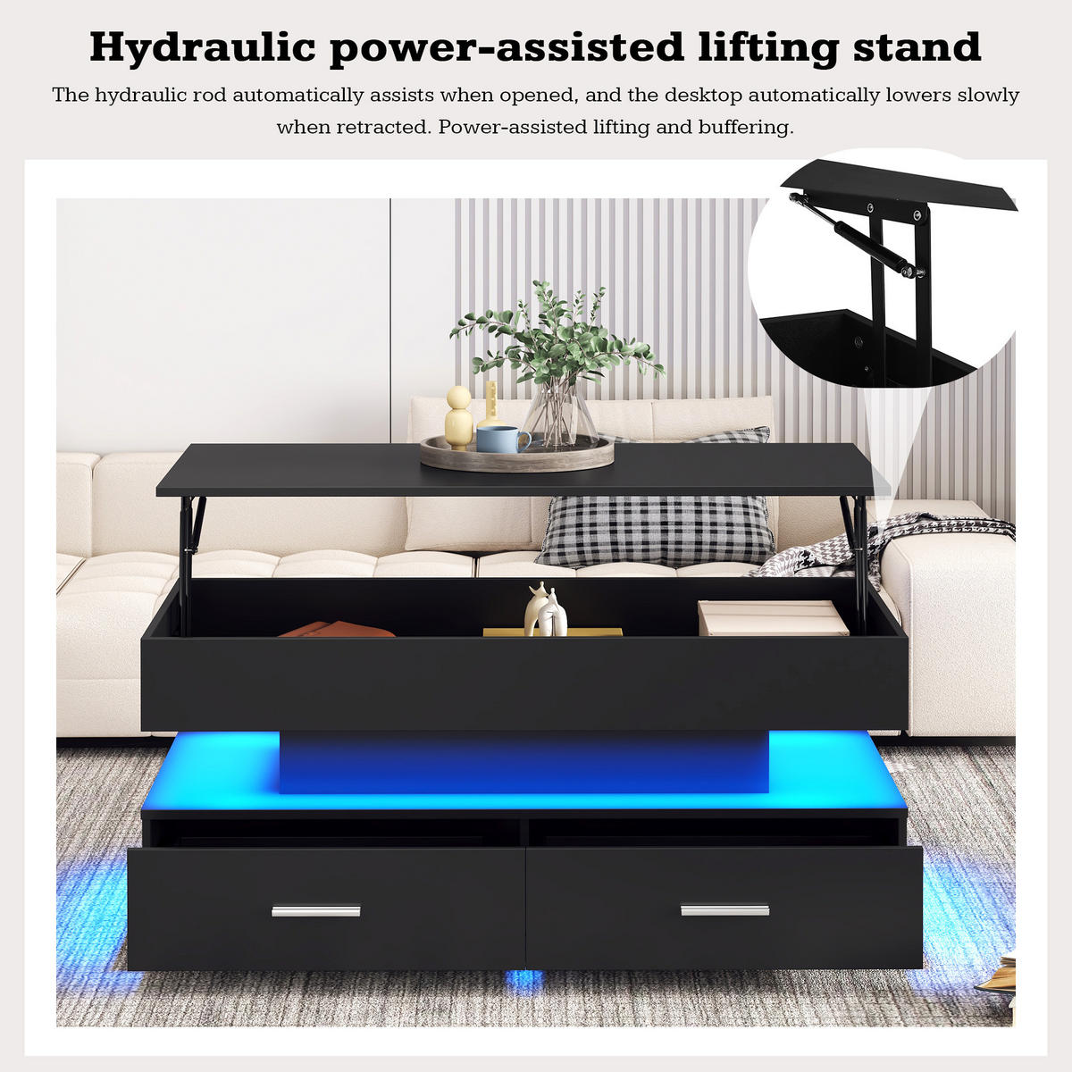 COUCHTISCH DE-161 hydraulisch höhenverstellbar Schwarz mit LED - Schwarz, Holzwerkstoff (50/100/44cm) - ComfortXL