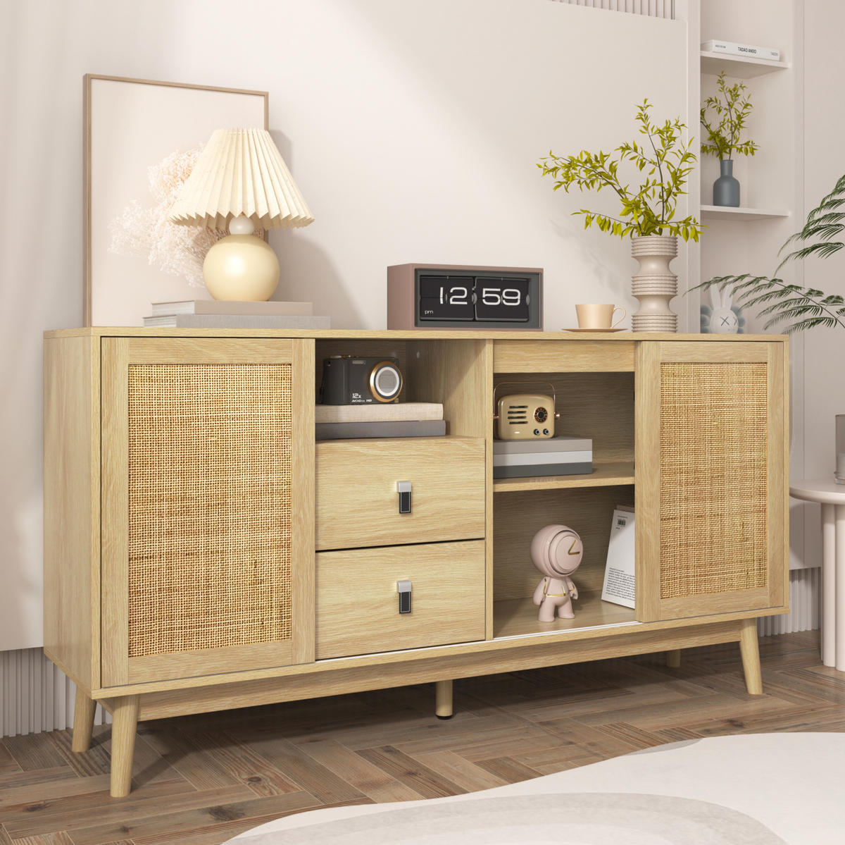 SIDEBOARD 155/38/80 cm mit 3 Schiebetüren, Rattan-Fronten & 2 Schubladen - Naturfarben, Holzwerkstoff (155/80/38cm) - BEAOK