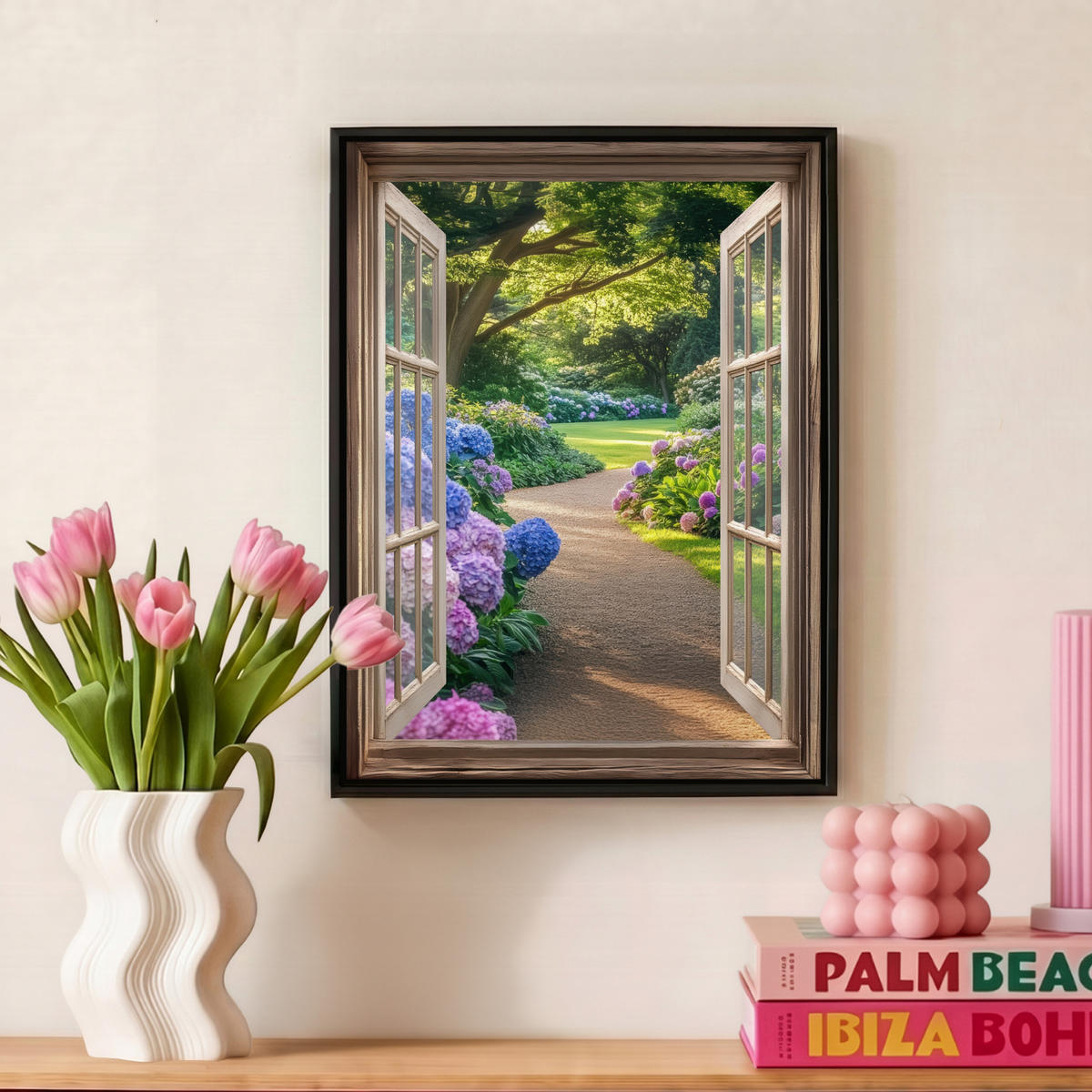 LEINWAND Bilder mit Rahmen - Aussicht - Garten - Fenster - Hortensie - Blumen - 30x40 - Pastellblau, Textil (30/40cm) - MuchoWow