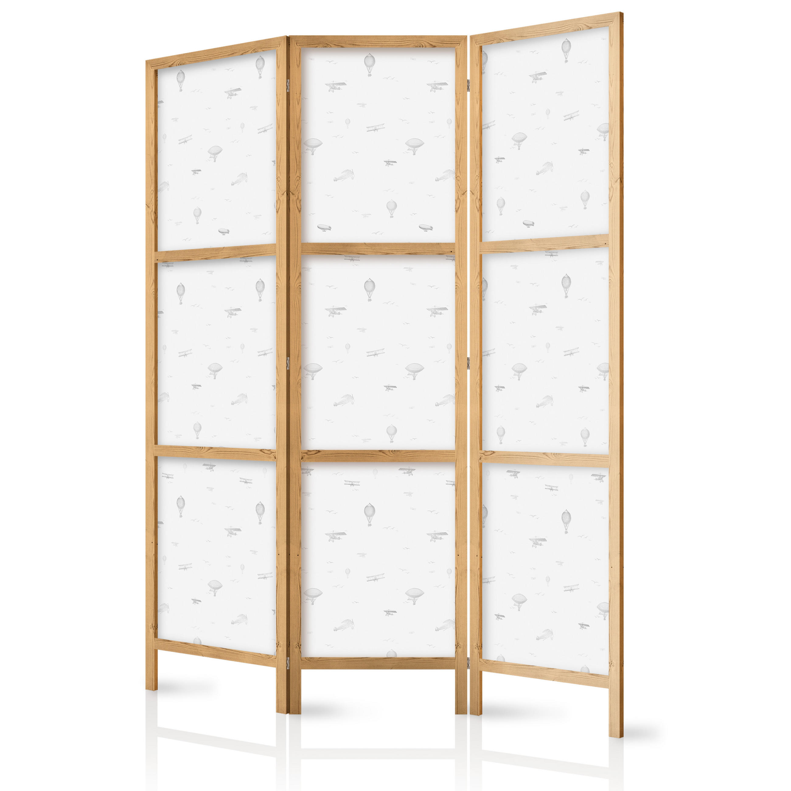 PARAVENT Japanischer 3-tlg 135x172 cm Luftballons Luftschiffe Flugzeuge - Weiß, Holz/Textil (135/172/3cm) - Muralo