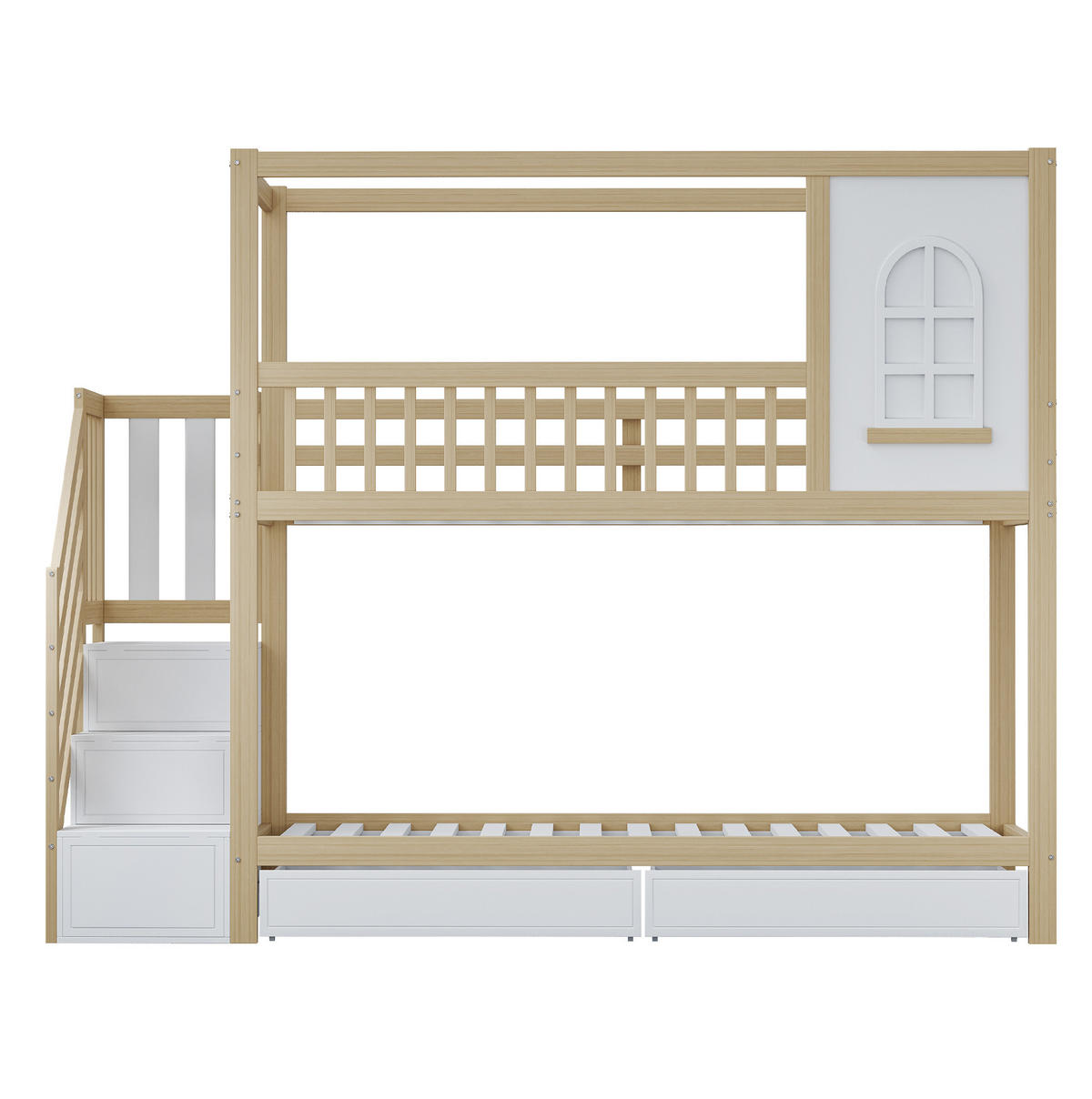 ETAGENBETT aus Massivholz 90x200 cm in Natur mit Schubladen & Sicherheitsleiter - Naturfarben, Holz (90/200cm) - Modfu