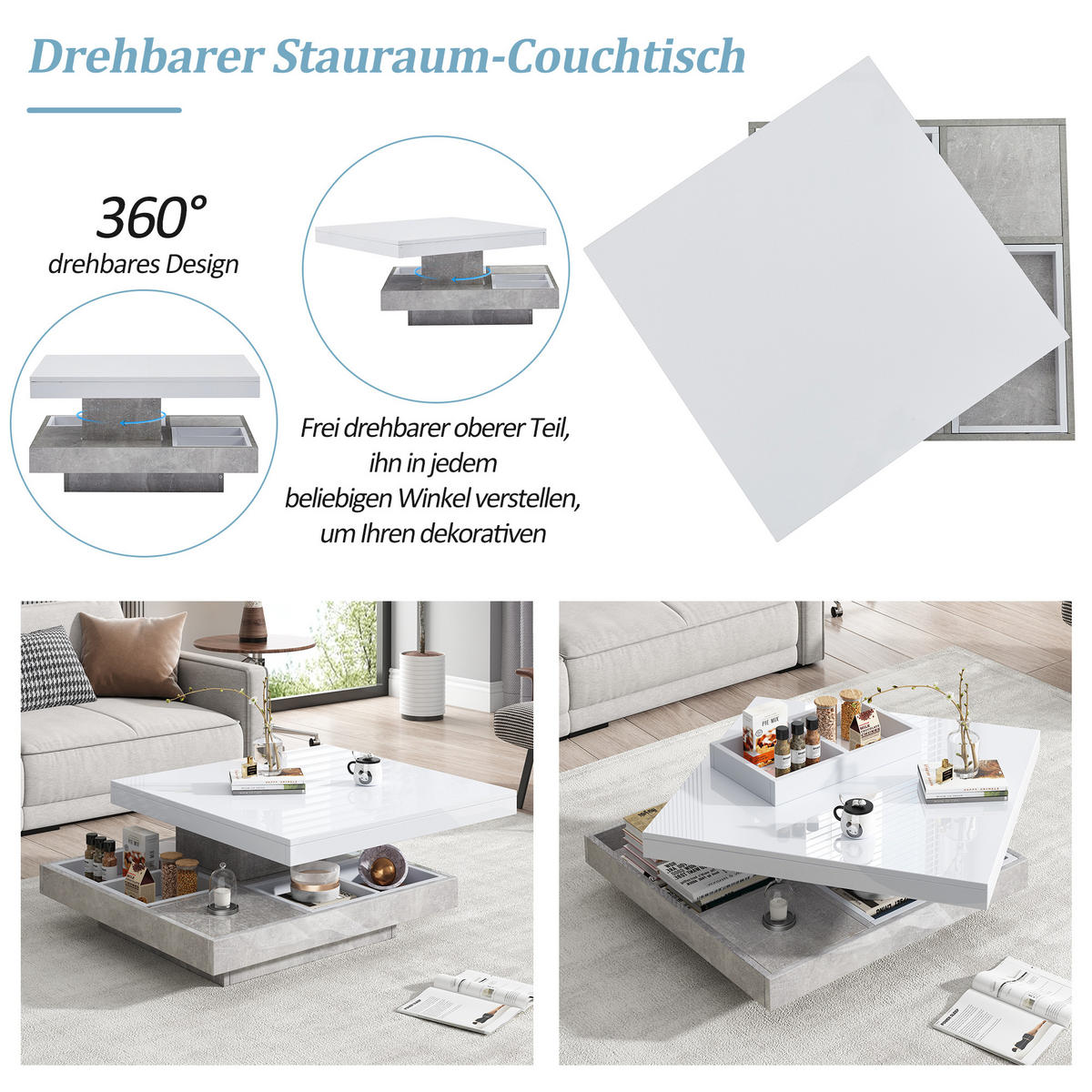 COUCHTISCH DE-105 Drehbar Weiß - Weiß, Holzwerkstoff (70/70/36cm) - ComfortXL