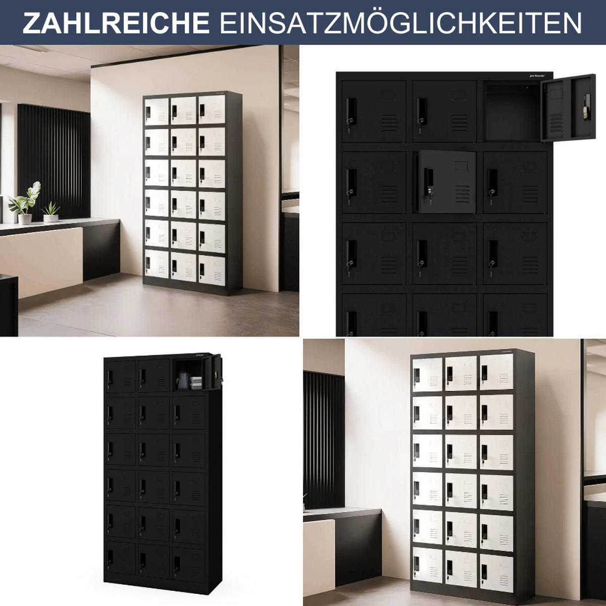SCHLIESSFACHSCHRANK Spind BERN 18 Fächer185x90x40cm Schwarz - Schwarz, Metall (90/185/40cm) - DELUKE