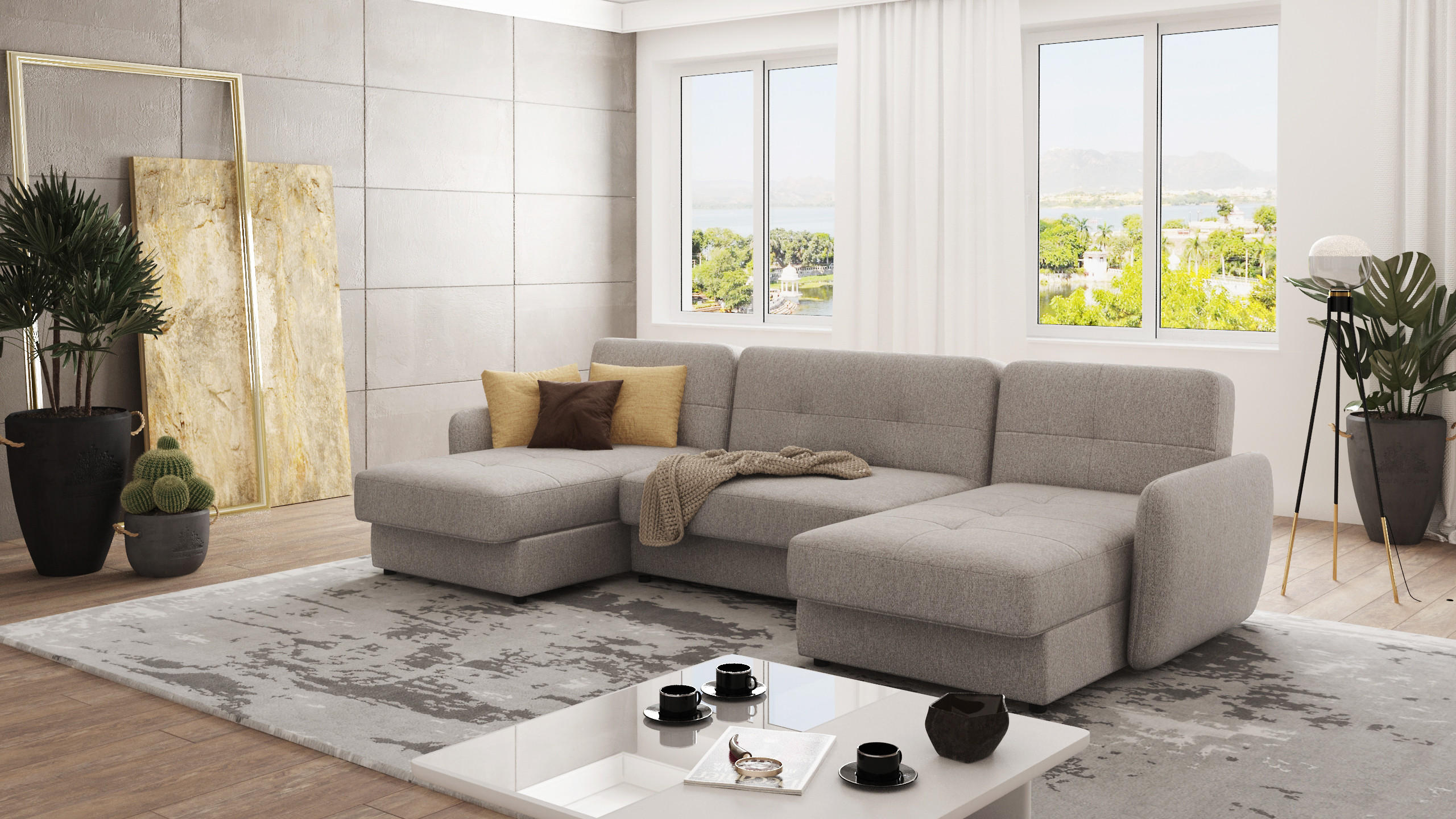 WOHNLANDSCHAFT Lupo Dunkelbeige Mikrofaser - Beige/Schwarz, Holz/Kunststoff (311/86/147cm) - S-Style Möbel
