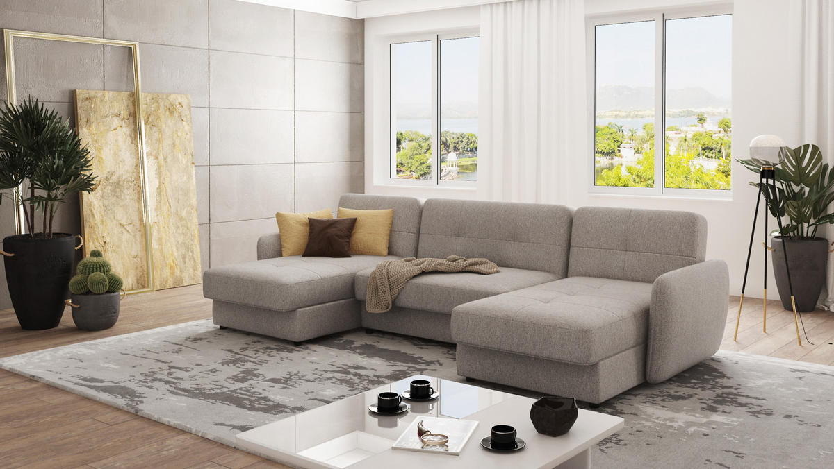 WOHNLANDSCHAFT Lupo Dunkelbeige Mikrofaser - Beige/Schwarz, Holz/Kunststoff (311/86/147cm) - S-Style Möbel