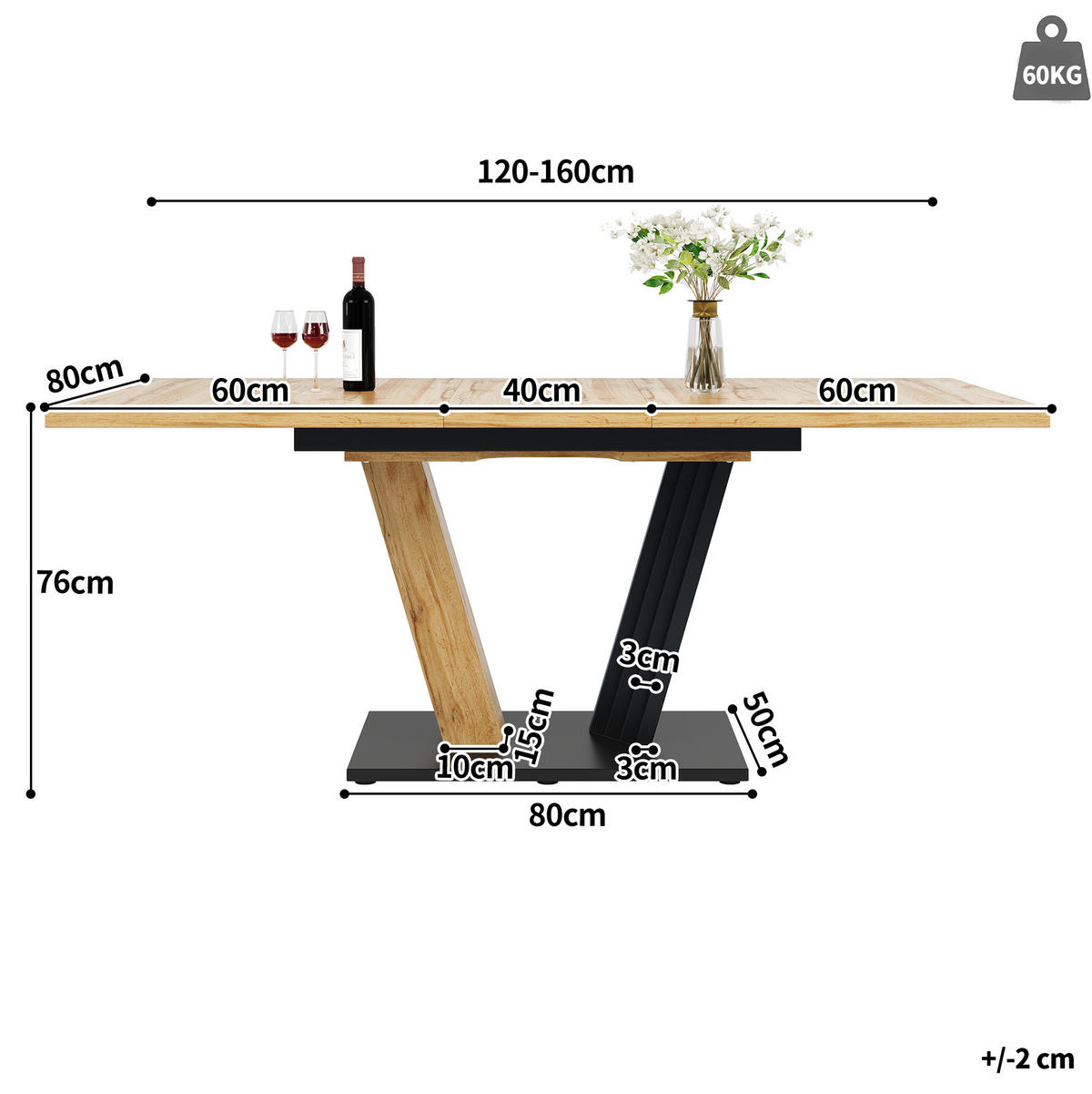 BLAGOVAONSKI stol 120/160/80/76 cm boje drveta od MDF-a i metala s izvlačnom pločom - prirodne boje, drvni materijal (120/80/76cm) - OKWISH
