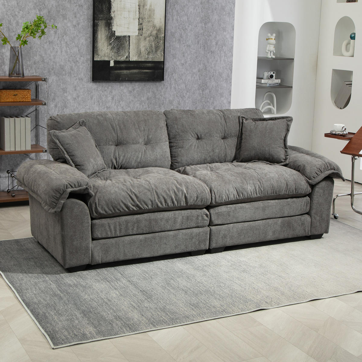 2-SITZER Sofa Chenille Polster mit tiefem Sitz, Doppelschichtkissen 213,4/90,1/87,6 cm Grau - Grau, Textil (90.1/87.6/213.4cm) - Redom