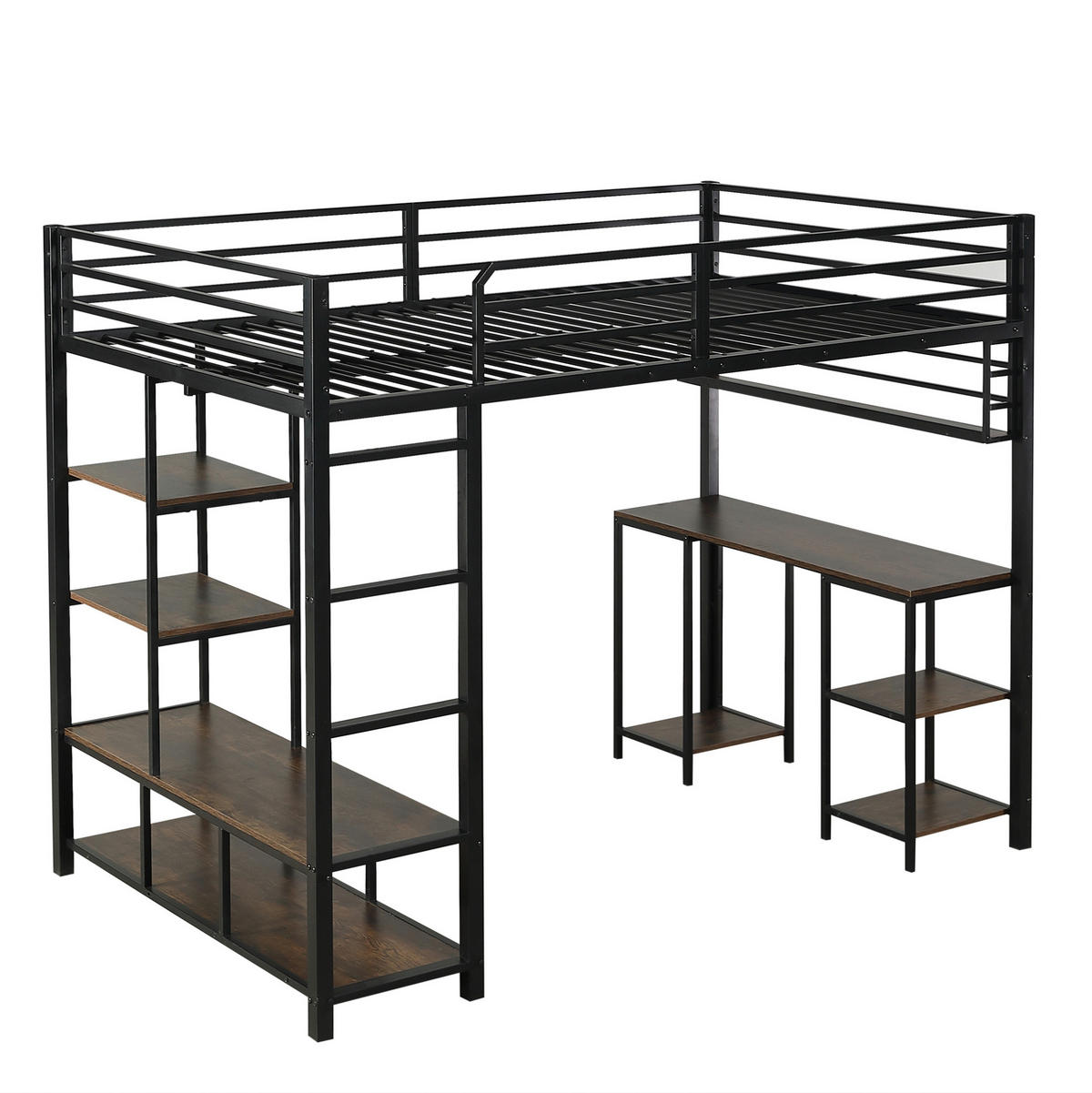 HOCHBETT mit Schreibtisch 120/200 cm in Schwarz/Dunkelwalnuss – mit Ablage und Leiter - Schwarz, Metall (120/200cm) - BEAOK