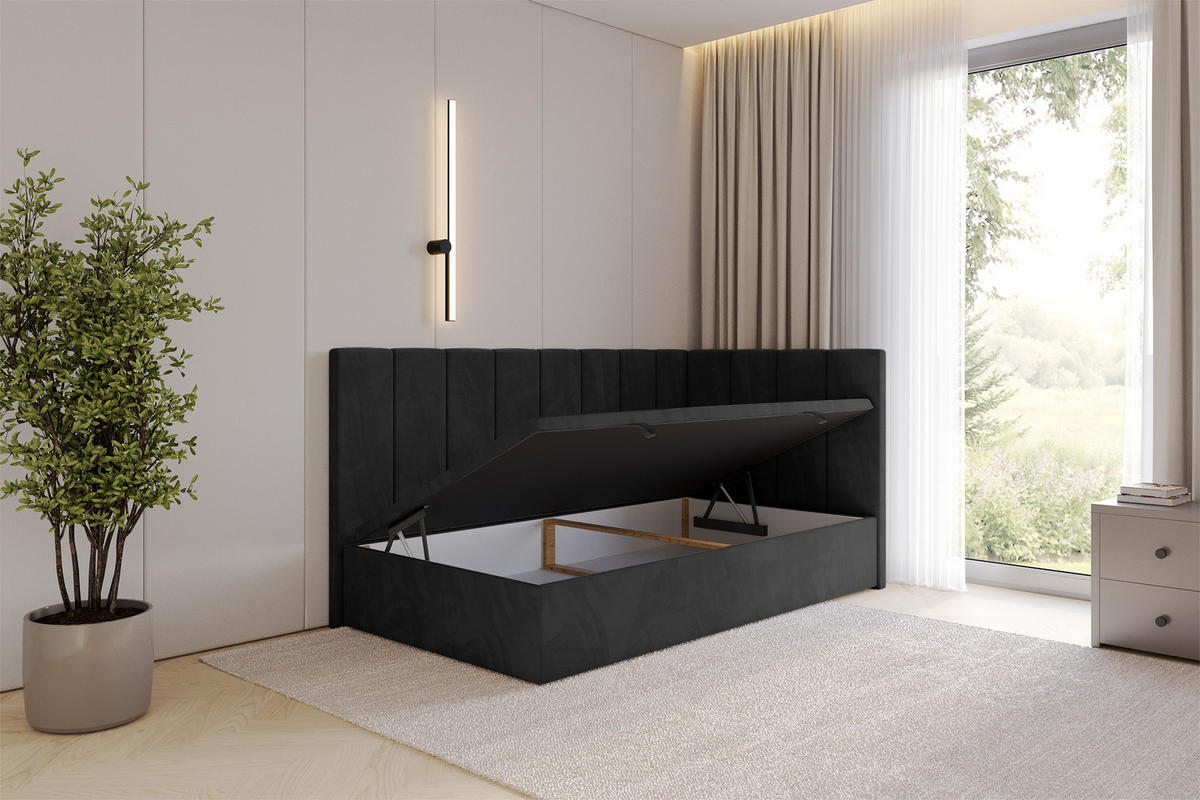 EINZELBETT Jugendbett mit Bettkasten Links, ohne Matratze - LOVY 80x200 Schwarz - Schwarz, Holzwerkstoff/Textil (80/200cm) - ALTDECOR