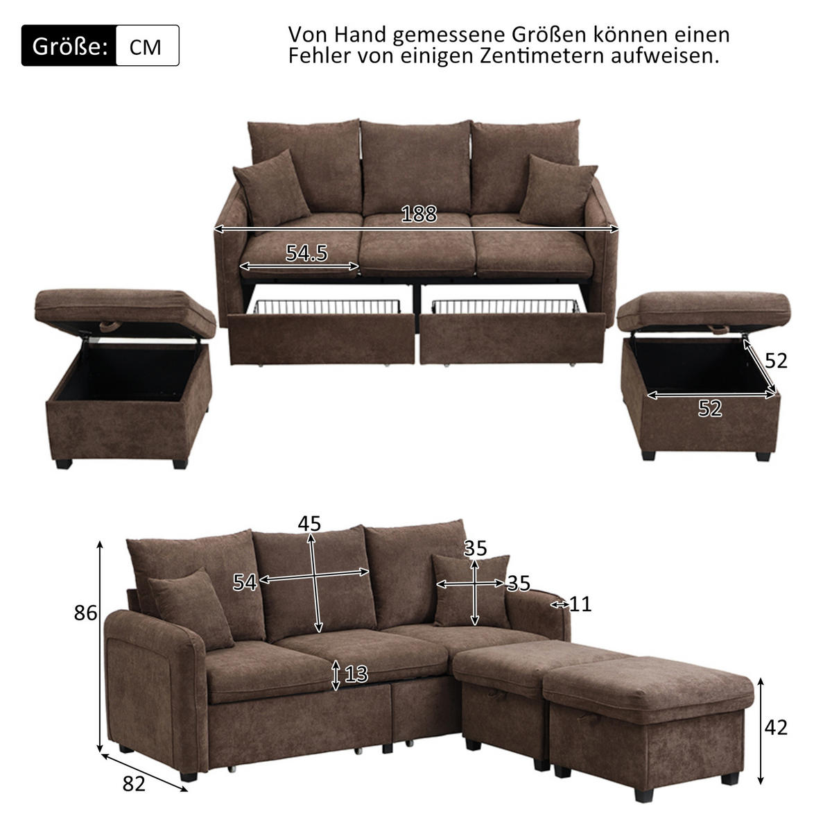 ECKSOFA-SET Chenille mit Stauraum und Schlaffunktion 3-Sitzer und 2 Hocker 188/186/86 cm Dunkelbraun - Dunkelbraun, Kunststoff/Textil (186/188cm) - Redom