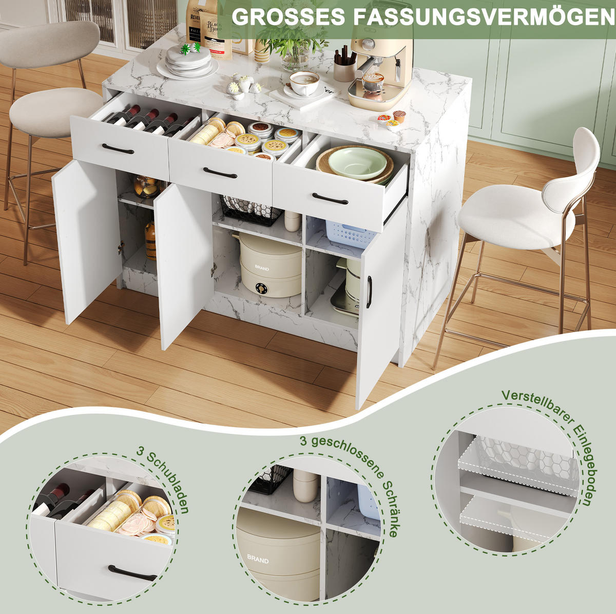 KÜCHENINSEL 120/60/90,5 cm aus MDF mit Barbereich und 3 Schubladen Weiß (Marmoroptik) - Weiß, Holzwerkstoff (120/90.5/60cm) - Modenvie
