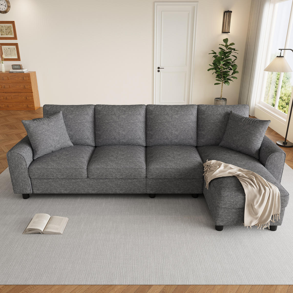 ECKSOFA 280/136/82 cm Grau mit aufklappbarem Stauraum und klappbare Rückenlehne mit Getränkehaltern - Grau, Textil (136/82/280cm) - Oxeza