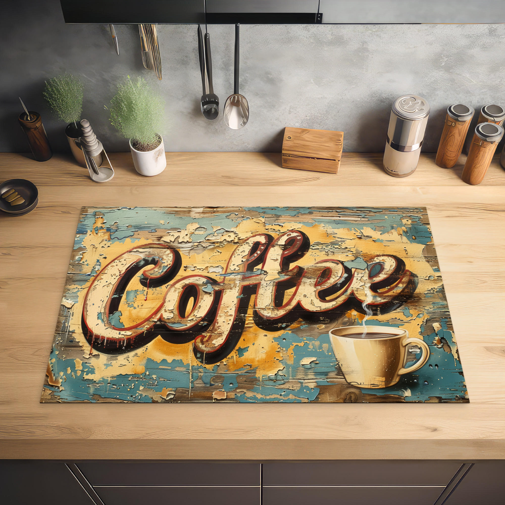 HERDABDECKPLATTE Kaffee - Vintage - Braun - Tasse 80x52 cm - Teakfarben, Kunststoff (80.2/0.2/52.2cm) - MuchoWow
