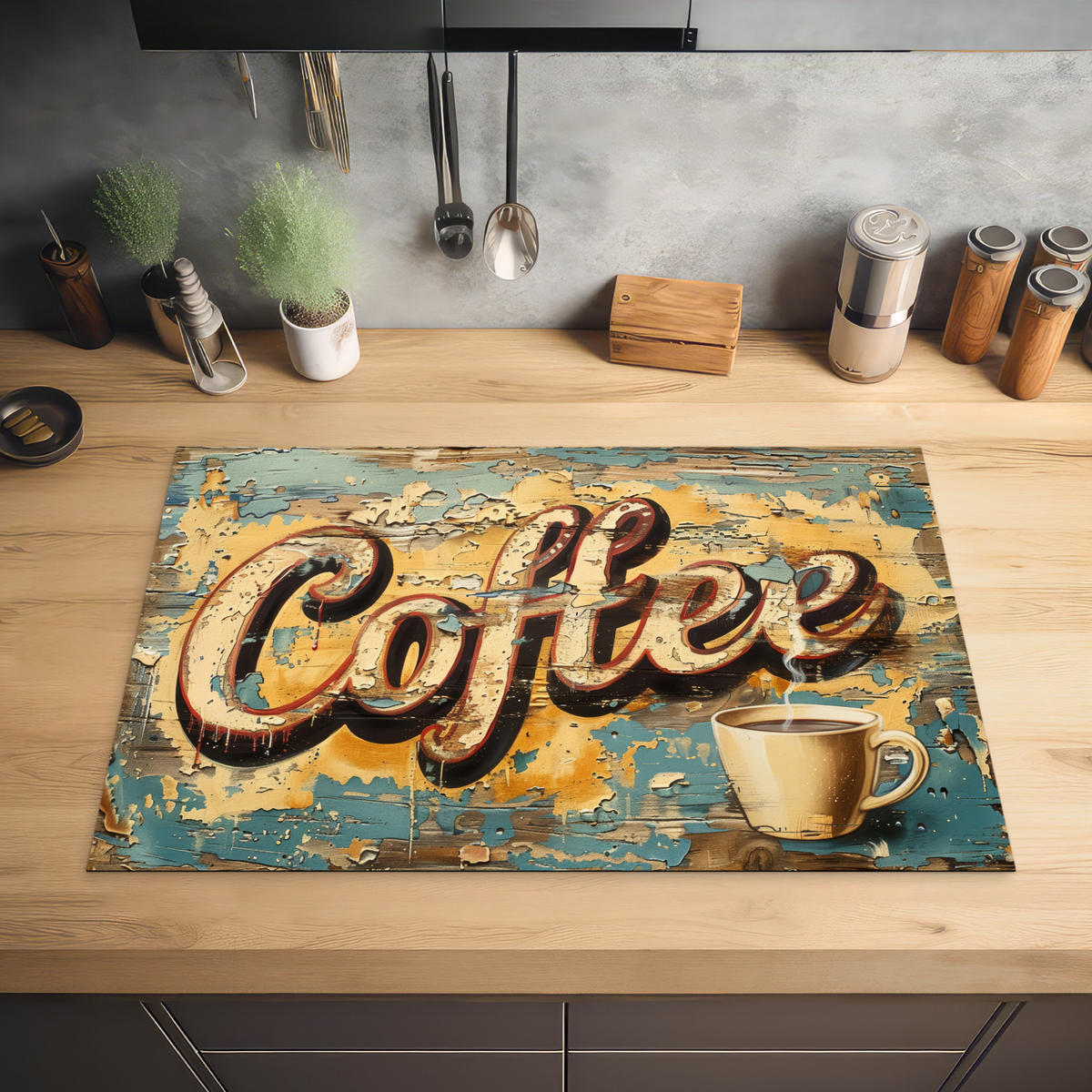 HERDABDECKPLATTE Kaffee - Vintage - Braun - Tasse 80x52 cm - Teakfarben, Kunststoff (80/0.2/52cm) - MuchoWow