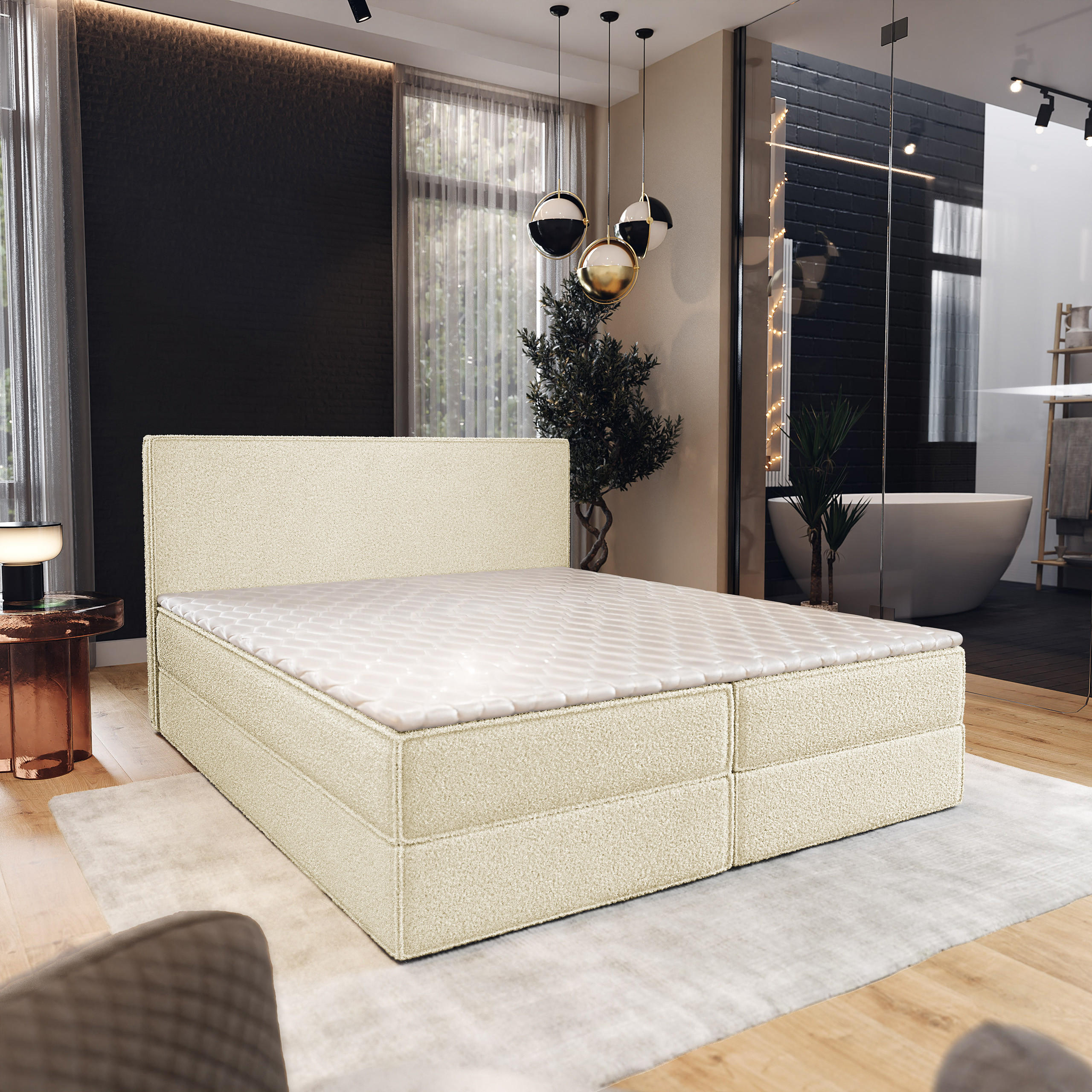 BOXBETT PELLIO 160x200 cm mit Matratze und Topper - Creme - Creme, Holz (160/200cm) - MASSENO