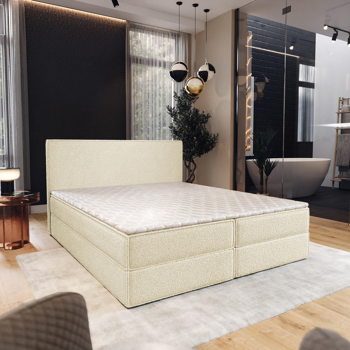 BOXBETT PELLIO 180x200 cm mit Matratze und Topper - Creme - Creme, Holz (180/200cm) - MASSENO