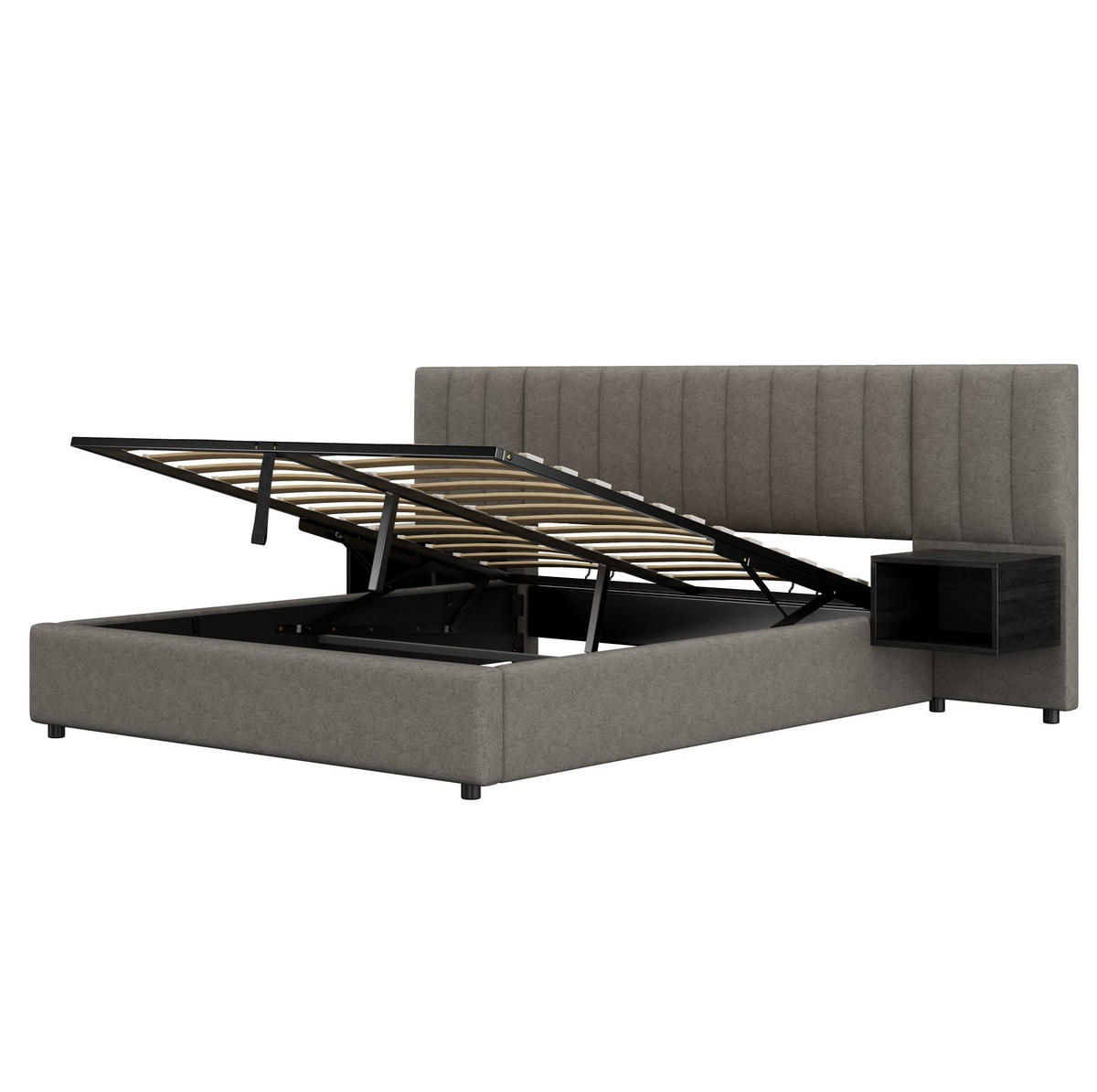 POLSTERBETT 160/200 cm grau aus Leinen mit Hydraulik-Stauraum und 2 Nachttischen - Grau, Textil (160/200cm) - OKWISH