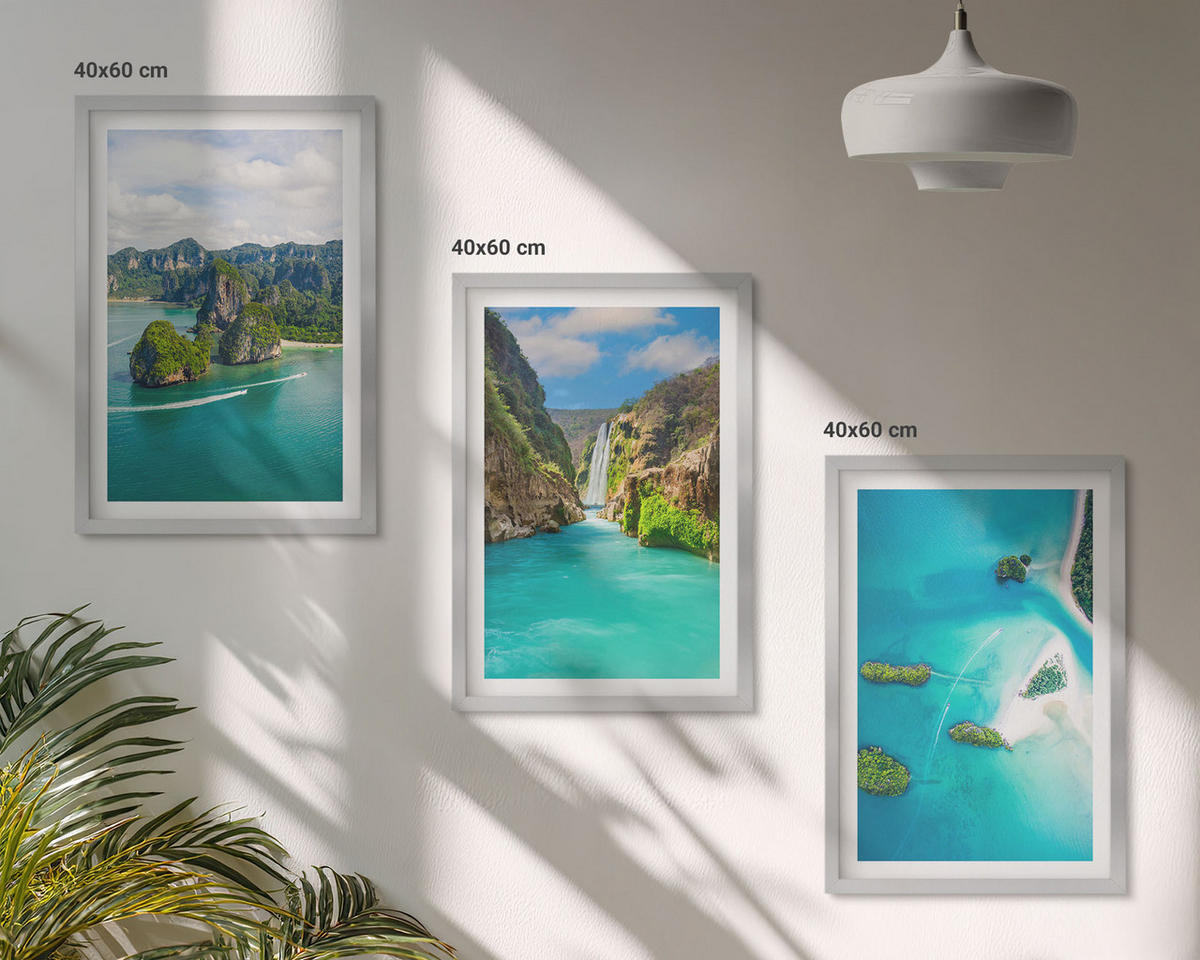 WANDBILDER 3er Set - 40x60 cm Silberner Rahmen - Tropische Inseln, türkisfarbenes Wasser - Silberfarben, Kunststoff (40/60cm) - ArtPrintCave