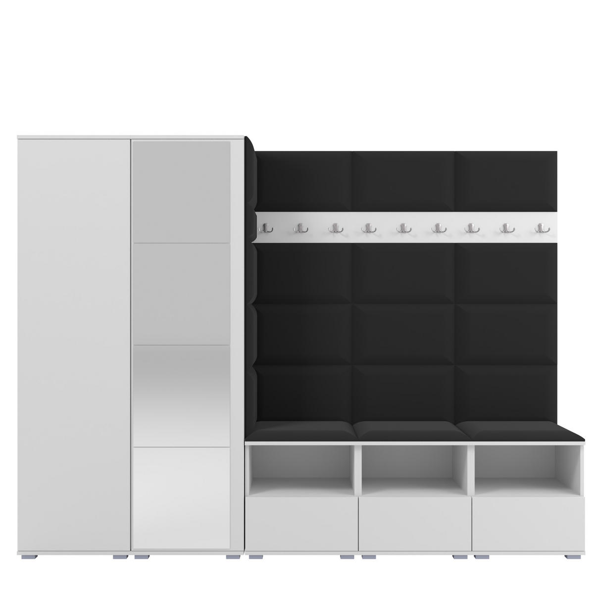 GARDEROBE NELA VII 250 cm (Modulare Flurmöbel XL Weiß mit Spiegel & Sitzpolster Schwarz 16 Universell) - Silberfarben/Schwarz, Holz/Holzwerkstoff (250/187/40cm) - Ravio