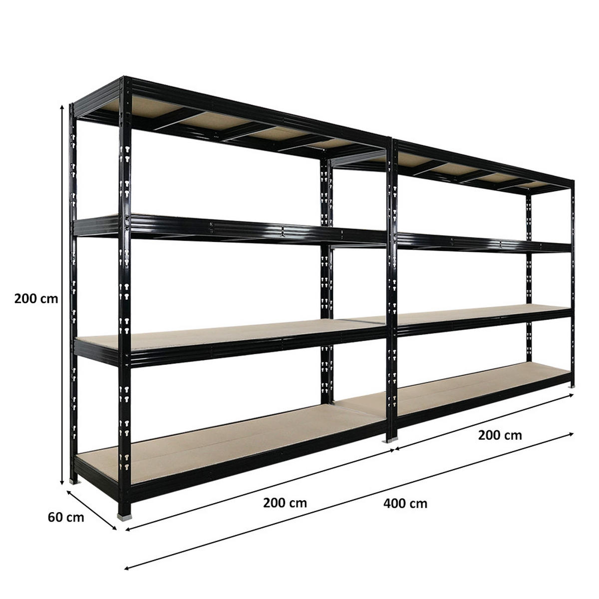 SCHWERLASTREGAL Rhino 2er-Set 200x200x60 cm 4 Spanplatten-Ebenen 16mm Fachlast 500 kg Schwarz - Schwarz, Metall (400/200/60cm) - PROREGAL