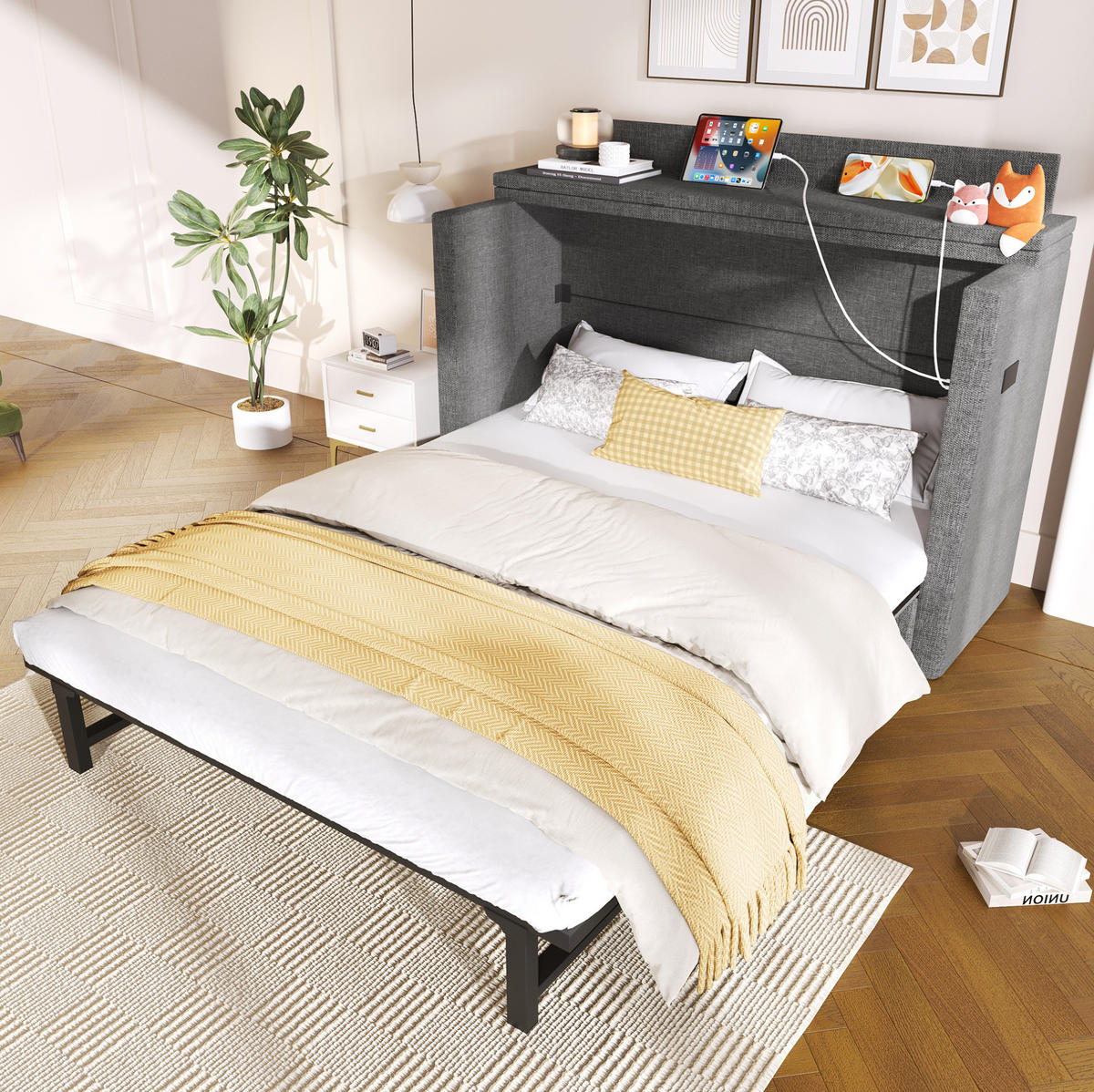 BETT 140/200 cm Grau aus Leinen und MDF mit USB- und Typ-C-Anschlüssen - Grau, Textil (140/200cm) - OKMYHOME