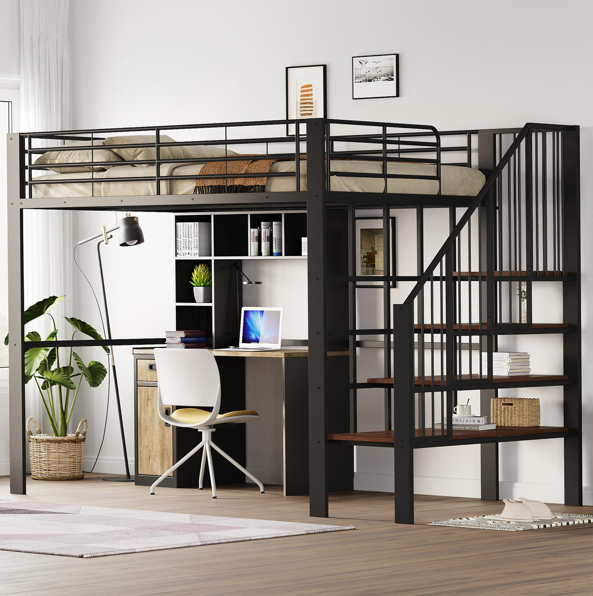 HOCHBETT 140/200 cm aus Metall in Schwarz – mit Treppe und Stauraum - Schwarz, Metall (140/200cm) - BEAOK