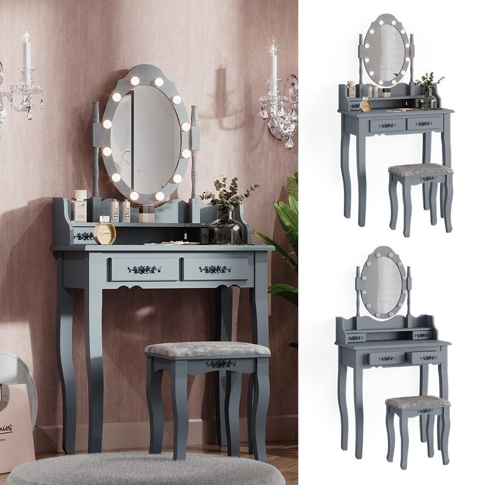 SCHMINKTISCH Maggie Grau 75 cm mit LED Beleuchtung und Hocker - Grau, Holzwerkstoff (75/146.5/40cm) - Vicco