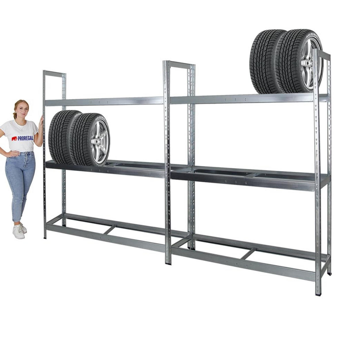 REIFENREGAL Tiger XL 2er-Set mit 2x 200x150x45 cm 300 kg Fachlast bis zu 36 Reifen Verzinkt - Silberfarben, Metall (300/200/45cm) - PROREGAL