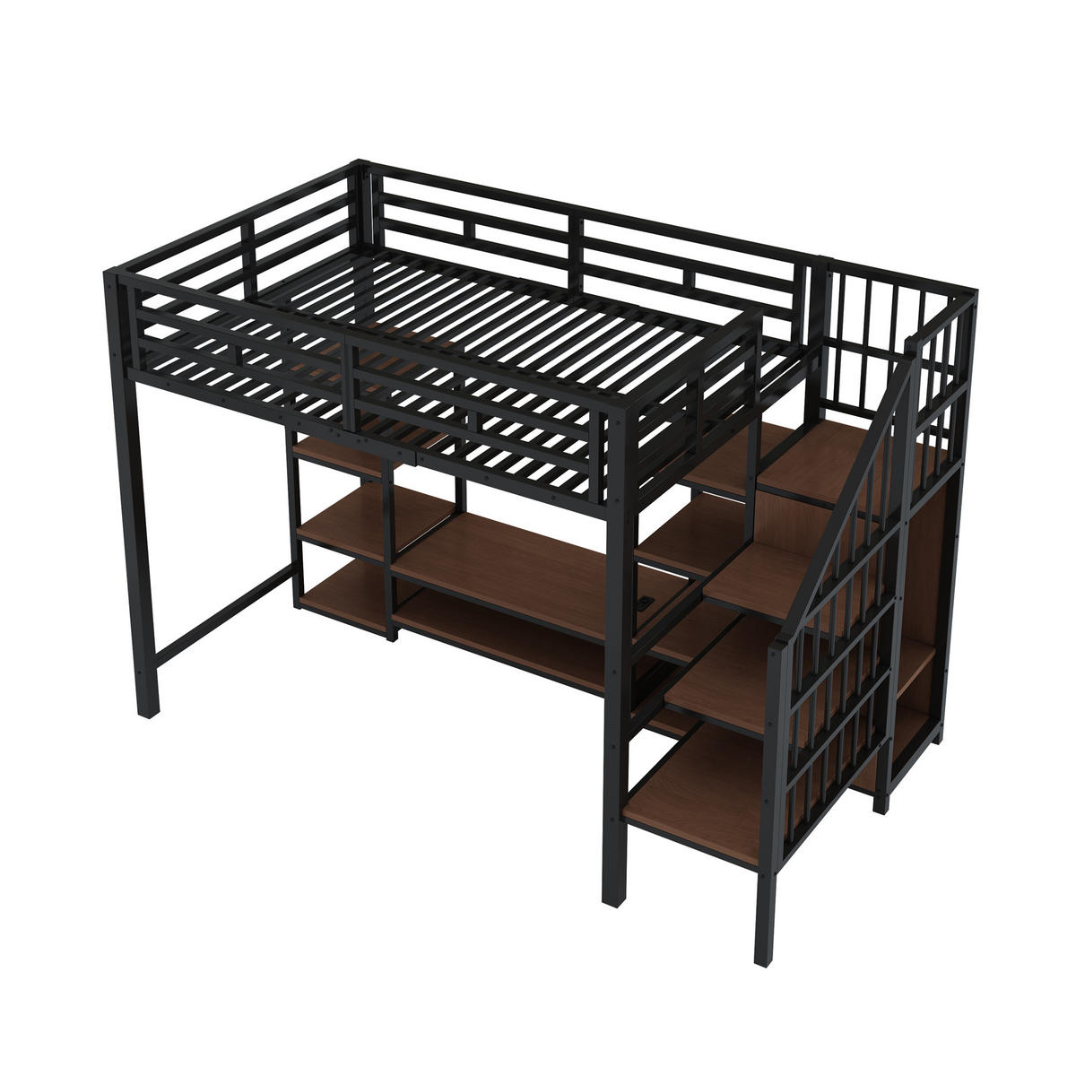 HOCHBETT 90x200 Metall Holz TV-Ständer Steckdose Stauraum Schwarz - Schwarz, Metall - FLIEKS