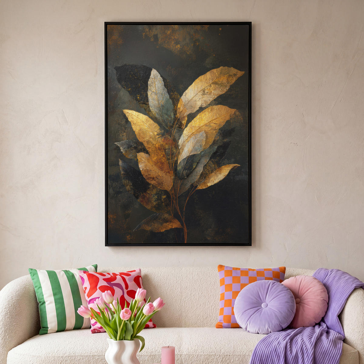 LEINWAND Bilder mit Rahmen - Golden Leaf Komposition - Botanical Luxury - 90x140 - Goldfarben, Textil (90/140cm) - MuchoWow
