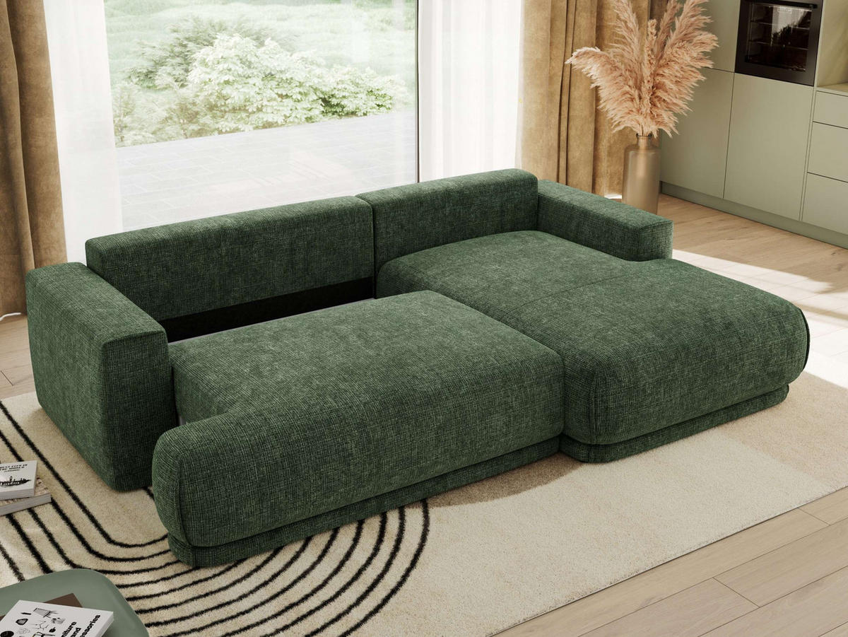 ECKSCHLAFSOFA RINA L Dunkelgrün Schenille grob gewebt - rechts - Dunkelgrün/Schwarz, Kunststoff/Textil (170/267cm) - MKS