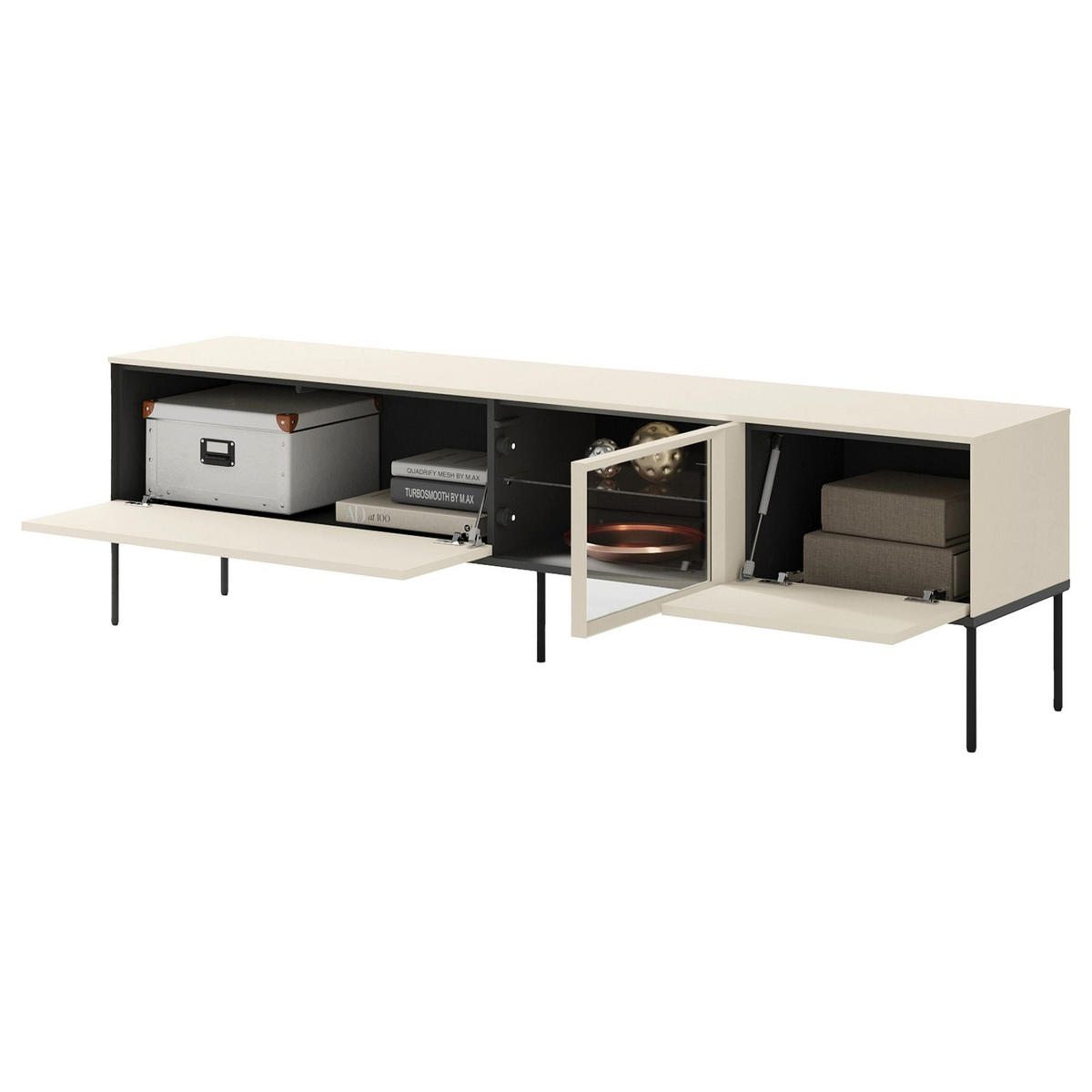 TV stolík Bellezo s osvetlenou presklenou vitrínou Krémová 196/55/41 cm - čierna/krémová, kompozitné drevo (196/55/41cm) - Selsey