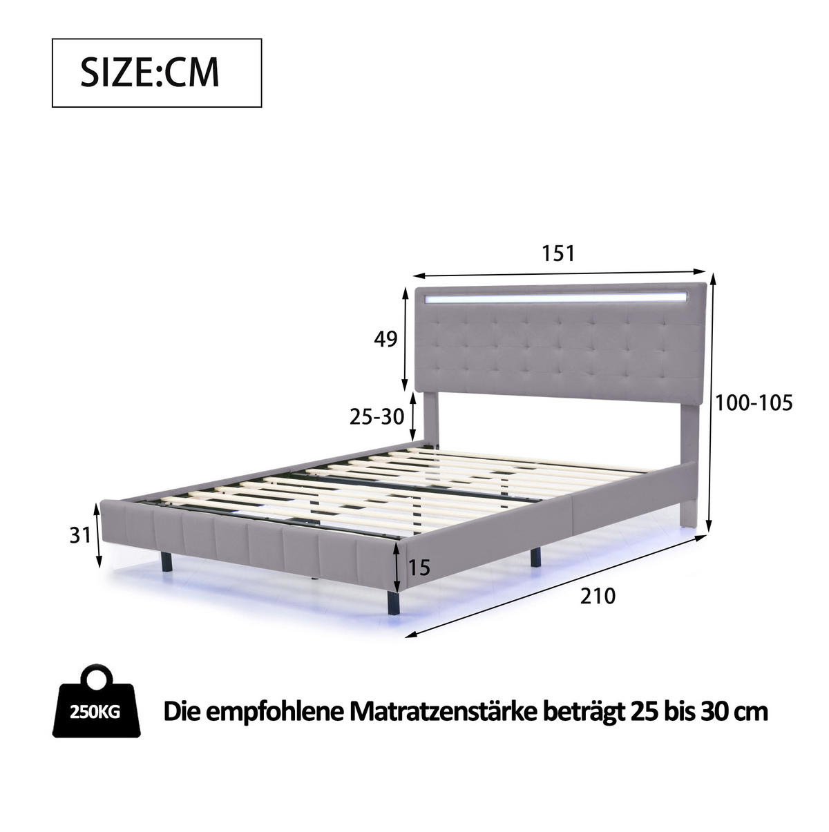 ČALÚNENÁ posteľ 140/200 cm, sivá, s LED osvetlením a skrytými nohami - sivá, textil (140/200cm) - BEAOK