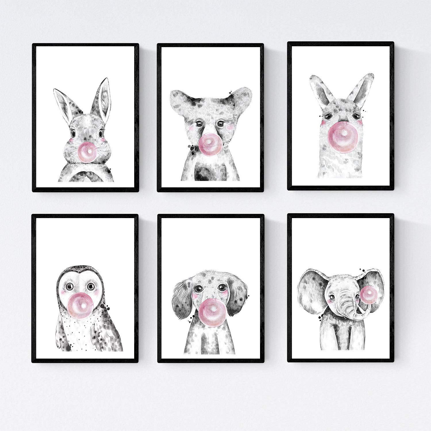 POSTER Set Mit 6 Tiere Babys Mit Kaugummi Hirschkuh Schweinefleisch Fuchs Eule Hund A3 Schwarzer Rahmen - Schwarz, Papier (29/3cm) - Nacnic