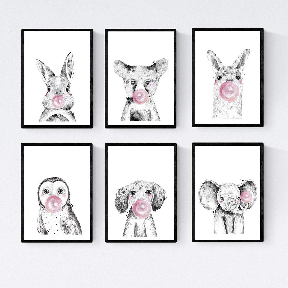 POSTER Set Mit 6 Tiere Babys Mit Kaugummi Hirschkuh Schweinefleisch Fuchs Eule Hund A4 Schwarzer Rahmen - Schwarz, Papier (29/3cm) - Nacnic