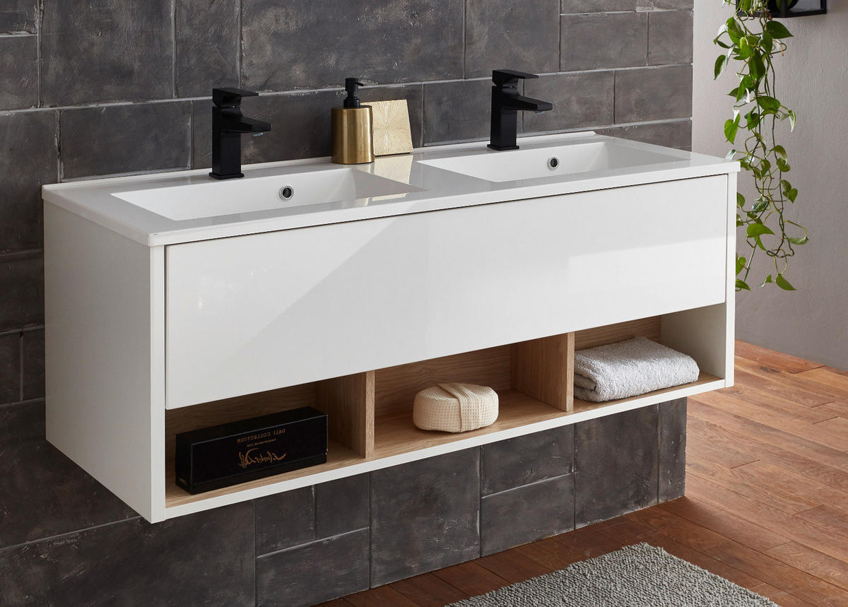 WADSCHTISCHKOMBI weiß Hochglanz und Eiche, Doppelwaschtisch inkl. 2x Waschbecken, Breite 120 cm - Weiß Hochglanz/Eichefarben, Holzwerkstoff (120/44/47cm) - Furn.Design